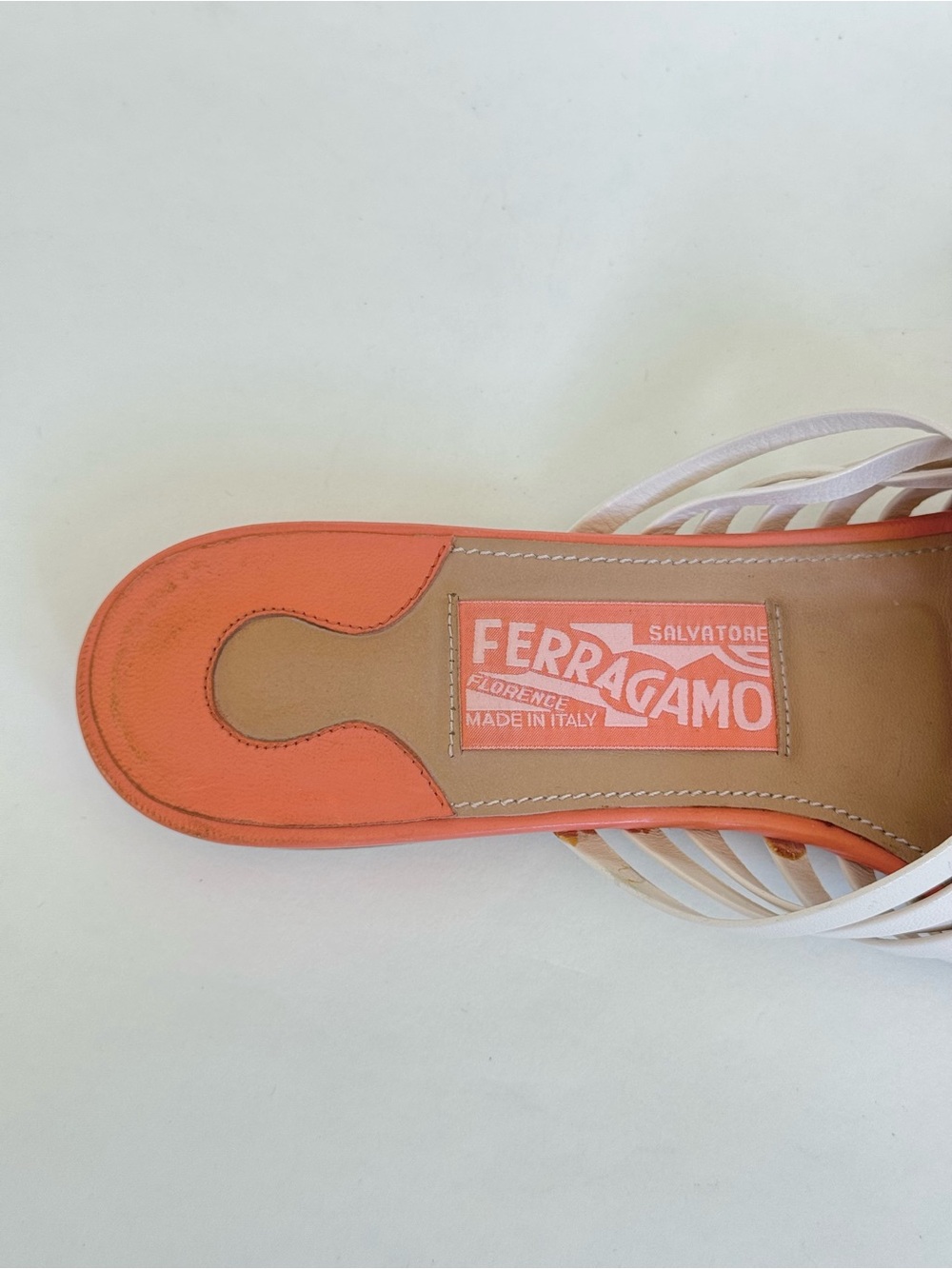 Salvatore Ferragamo Coral and Cream Woven Leather Slingback Sandals - Size 7 - Picture 8 of 9